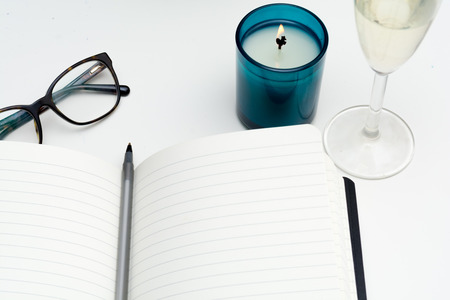 Planning for new business, desk overhead with white spaceの写真素材
