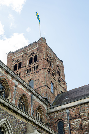 Church tower exterior from low angle to include skyの写真素材