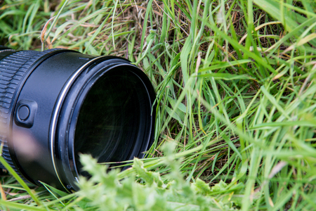 Nature photography equipment outdoors on grass fieldの写真素材