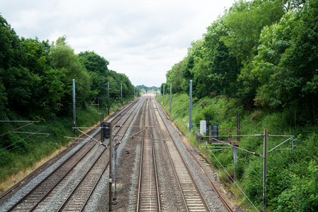Train tracks, long straight rail tracks with no trainの写真素材