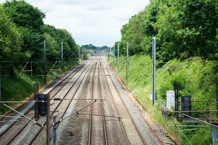 Train tracks, long straight rail tracks with no trainの写真素材