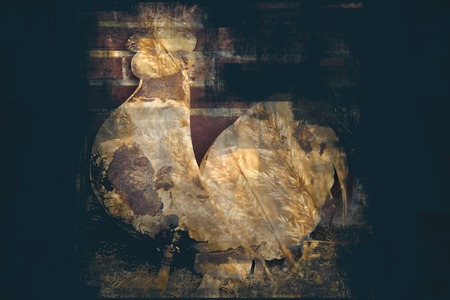 Golden hen double exposure in retro styleの写真素材