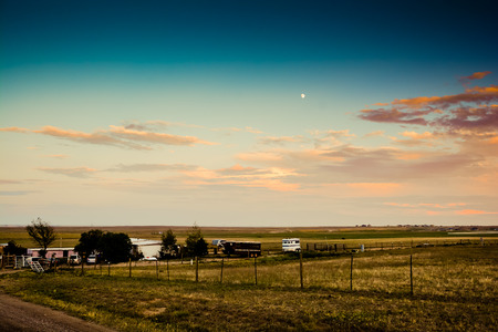 Rural American farm land in evening sunsetの写真素材