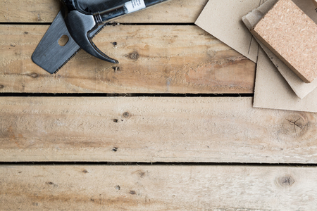 Carpentry background of wooden boards in a workshopの写真素材