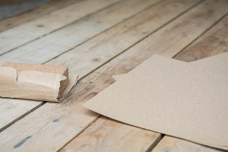 Carpentry background of wooden boards in a workshopの写真素材