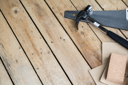 Carpentry background of wooden boards in a workshopの写真素材