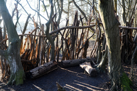 Dens or shelters made from logs and sticks in the forestの写真素材