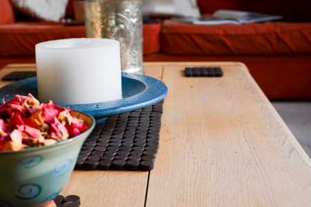 Stylish home interior shot of coffee tableの写真素材