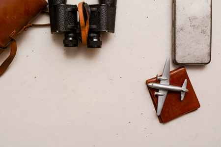 Vintage style travel objects in still life, top viewの写真素材
