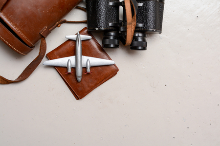 Vintage style travel objects in still life, top viewの写真素材