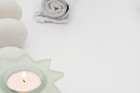 Beauty spa flat lay with white and green themed objectsの写真素材