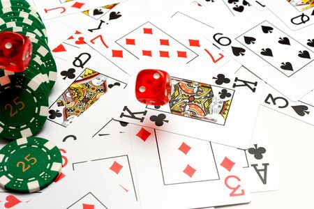 Table games at the casino with cards dice and casino chipsの写真素材