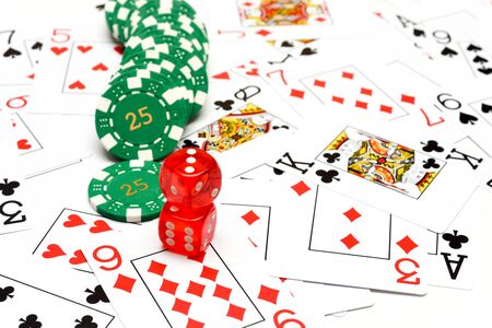 Table games at the casino with cards dice and casino chipsの写真素材