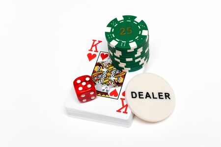 Casino objects playing cards dice casino chips isolated on white for playing chance and gambling gamesの写真素材