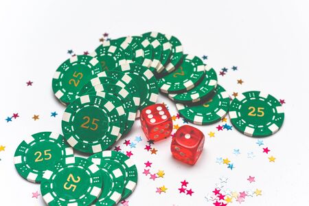Casino winner background with dice casino chips and decorationの写真素材