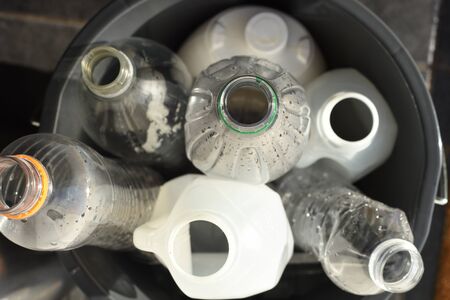 Plastic recycling, plastic bottles and containers from household waste to recycle and re useの写真素材
