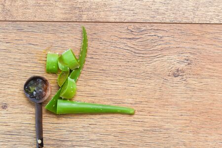 Aloe vera plant cut up in slices with aloe gel for natural healing and beauty productsの写真素材