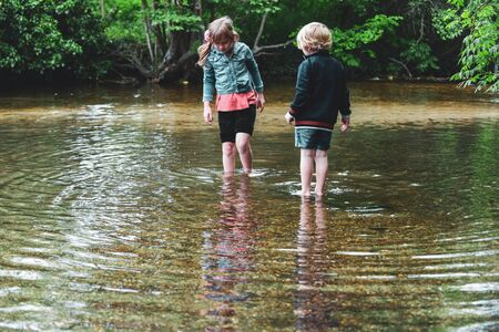 Children paddle in a stream of water outside during a sunny day out togetherの写真素材