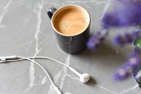 Relaxing at home with music and drink of coffeeの写真素材