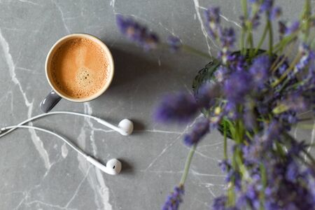 Relaxing at home with music and drink of coffeeの写真素材
