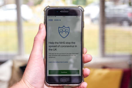 St Albans/ United Kingdom - 5 June 2020: NHS contact tracing app on a phone screen. The  app is due to be rolled out in englandのeditorial素材