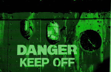Scene in the style of night vision imaging of a structure with the words danger keep offの写真素材