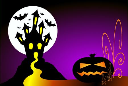 Halloween scene. Pumpkin, haunted house and bats against full moon.の写真素材