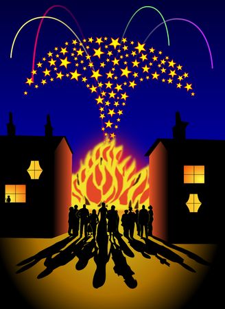 Domestic bonfire and firework party sceneの写真素材