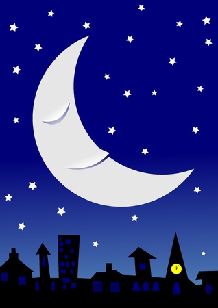 Sleeping moon in a starry night sky over a townscape.の写真素材