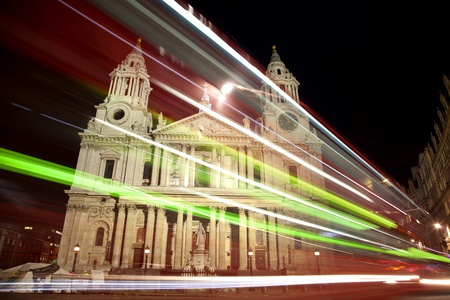 St Paul's cathedral with blurred bus trails at nightの写真素材