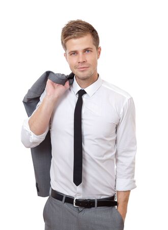 Handsome businessman holding jacket isolated on whiteの写真素材