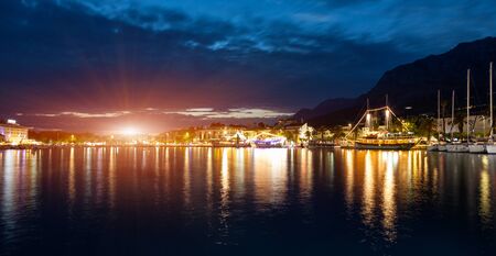 Popular summer destination of Makarska Riviera in Croatia at nightの写真素材