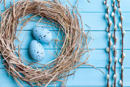 Traditional Easter eggs on a wooden background