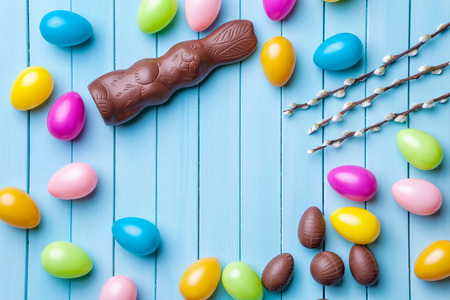 Traditional Easter eggs on a wooden backgroundの写真素材