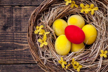 Traditional Easter eggs on a wooden background