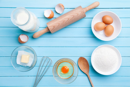 Baking and cooking concept, variety of ingredients and utensils with copyspaceの写真素材