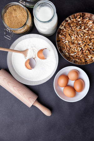 Baking and cooking concept, variety of ingredients and utensils with copyspaceの写真素材