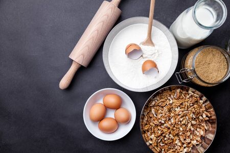 Baking and cooking concept, variety of ingredients and utensils with copyspaceの写真素材
