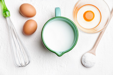 Baking and cooking concept, variety of ingredients and utensils with copyspace