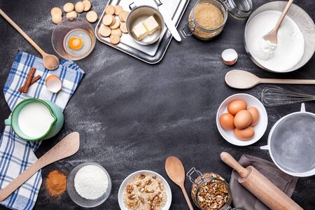Baking and cooking concept, variety of ingredients and utensils with copyspaceの写真素材