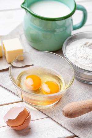 Baking and cooking concept, variety of ingredients and utensils with copyspaceの写真素材