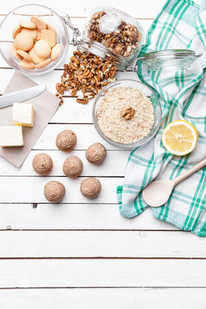 Traditional bee nest cake and ingredients on wooden backgroundの写真素材