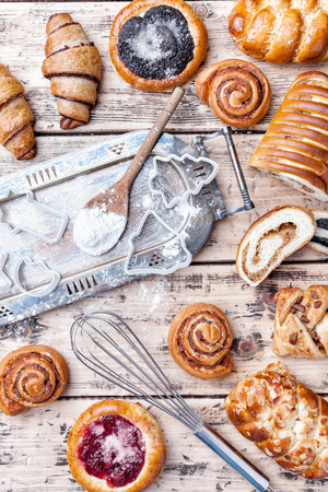 Delicious Christmas holiday baking background with ingredients and utensilsの写真素材