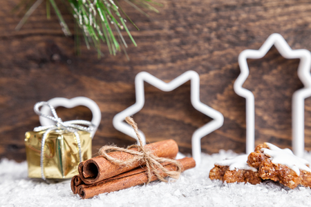 Traditional Christmas decoration on wooden background with copy spaceの写真素材