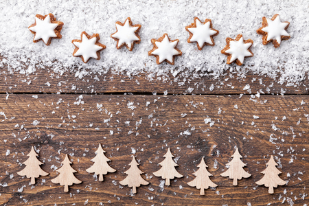 Traditional Christmas decoration on wooden background with copy spaceの写真素材
