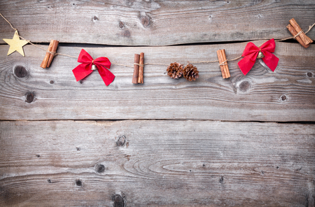 Traditional Christmas decoration on wooden background with copy spaceの写真素材