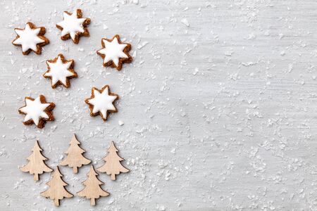 Traditional Christmas decoration on wooden background with copy spaceの写真素材