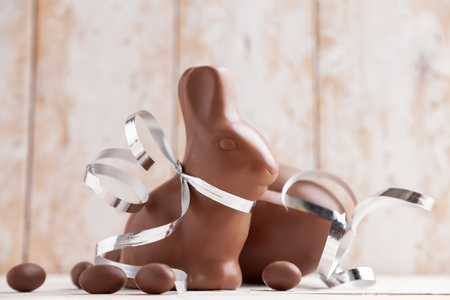 Delicious seasonal chocolate Easter bunny and eggsの写真素材
