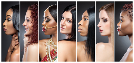 Profile view collage of multiple beautiful women with various skin tonesの写真素材