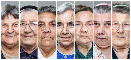 Closeup portrait collage of multiple senior womenの写真素材
